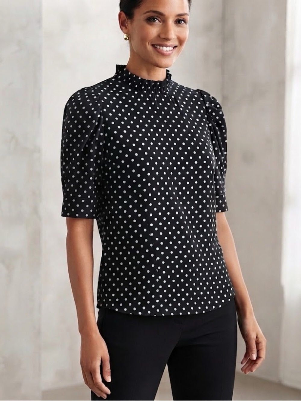 CeCe Black and White Polka Dot Women's Top